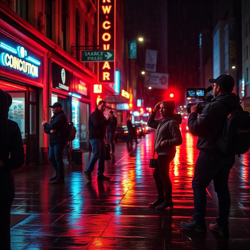 Film crew on a rain slick neon city street